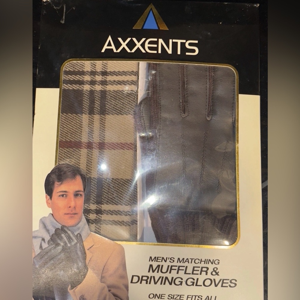 Vintage Axxents Mens Plaid Scarf Muffler Driving Gloves Gift Set One Size Winter
